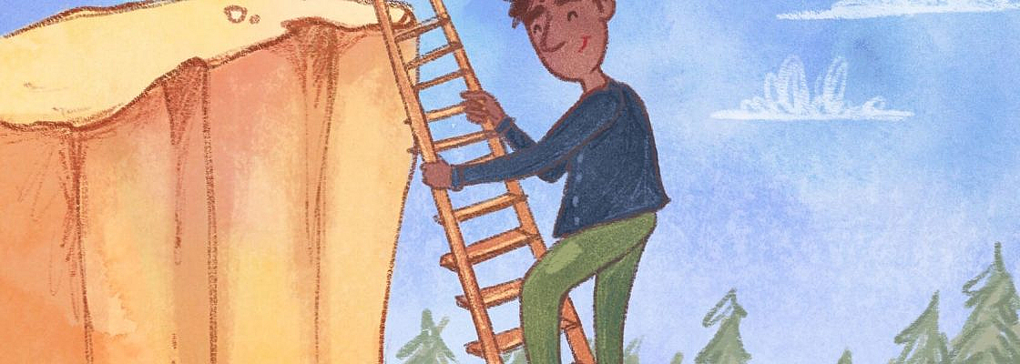 A man is using a ladder to climb up a cliff.