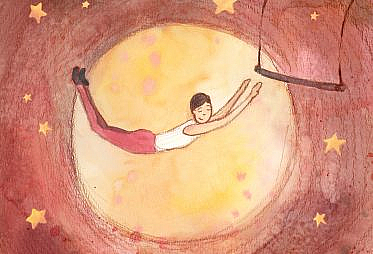 A trapeze artist leaping for a trapeze with a content look on his face.