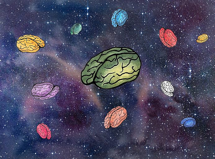 A bunch of different colored brains floating in space with stars in the background. Sort of trippy.