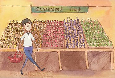 A person shopping in a grocery store walking past produce bins with a sign saying "guaranteed fresh". The produce bins have vegetables in the shapes of numbers.