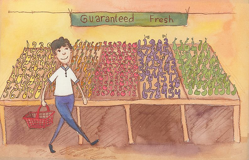 A person shopping in a grocery store walking past produce bins with a sign saying "guaranteed fresh". The produce bins have vegetables in the shapes of numbers.