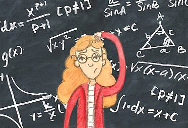 A woman scratching her head in confusion in front of a blackboard full of complicated math equations.