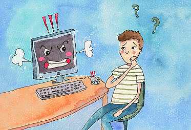 A man with a puzzled look on his face is looking at a computer making a very angry face.