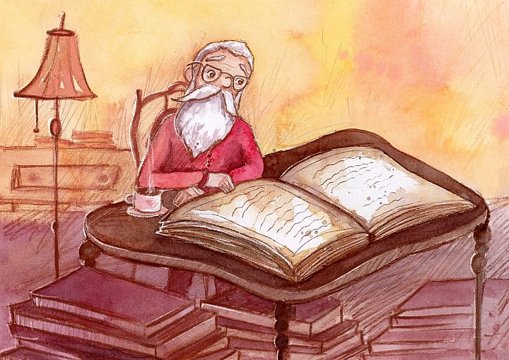 An old man with a long beard and glasses reading a giant old stained book.