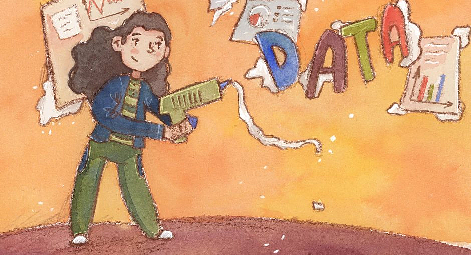 A woman holding a glue gun with lots of charts and graphs in the background stuck to the wall. The glue is everywhere.