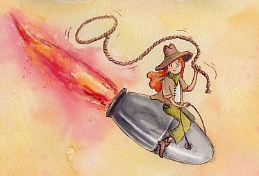 A cowgirl with a lasso riding a silver bullet in a direction that appears to be heading toward the ground.