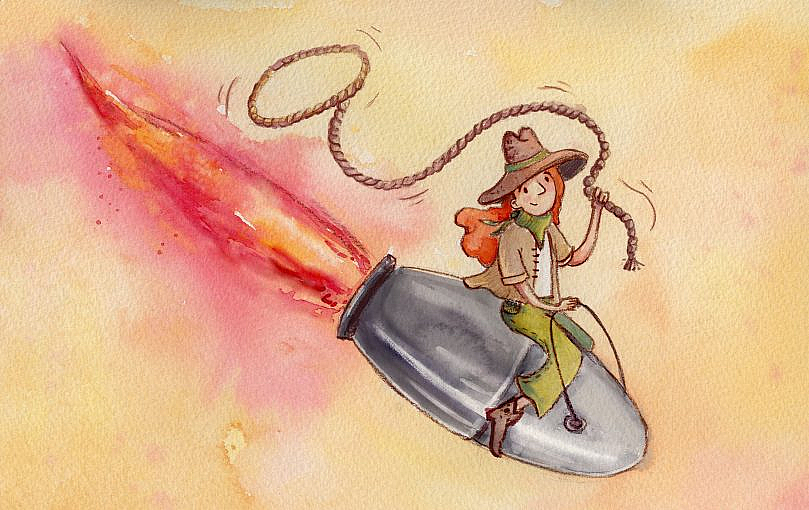 A cowgirl with a lasso riding a silver bullet in a direction that appears to be heading toward the ground.