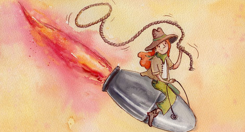A cowgirl with a lasso riding a silver bullet in a direction that appears to be heading toward the ground.