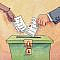 Two hands putting ballots or surveys into green ballot box