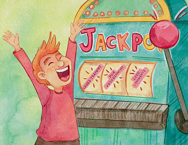 Person celebrating in front of a slot machine titled "Jackpot", which says cross-training, pair programming, and code comments.