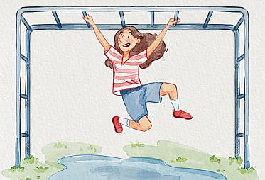 Woman swinging across monkey bars, over a puddle of water